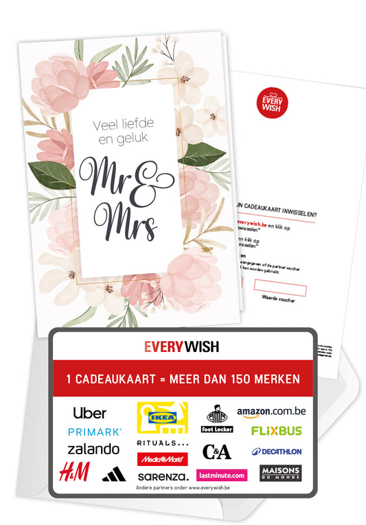 Veel liefde en geluk Mr & Mrs - Roze bloemen